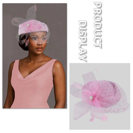 Women Bridal Fascinator with Feathers Dot Print Veil Elegant Pillbox Hats for Tea Party Wedding Church Fedoras Headscarf Bonnet