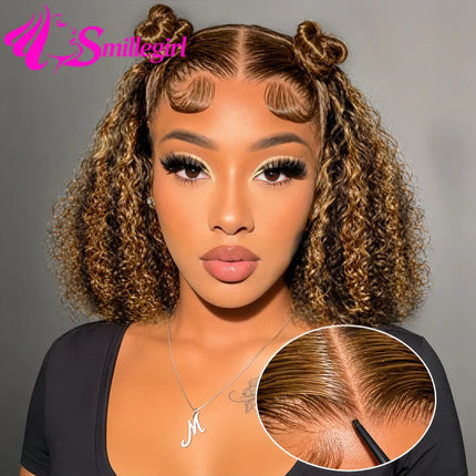 16 Inch Highlight Ombre Curly Bob Glueless Wig Human Hair Ready To Wear 250% Density 4x4 Deep Wave Lace Front Wigs Human Hair Colored Wig For Women