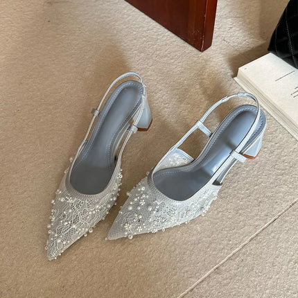 2026 New Fashion String Bead Women Square Heels Sandals Pointed Toe Pumps Slip On Dress Ladies High Heels Sandals Mules Shoes