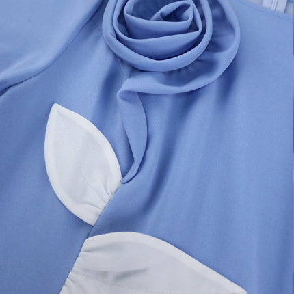 Skyblue Patchwork 3D Flower O Neck Long Sleeve Pleated Elegant Midi Dress Women Party Dresses Casual Fashion Outfit