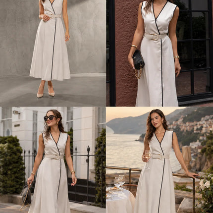 Contrast Piping Belted Wrap Midi Dress for Women, Sleeveless V‑Neck Button Detail A‑Line Linen Blend Dress for Office Business Casual Summer Wear