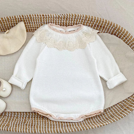 2025 New Autumn 0-24M Children Clothes Newborn Baby Girls Knitted Bodysuits Long Sleeves Lace Splice Korean Style Climbing Suit