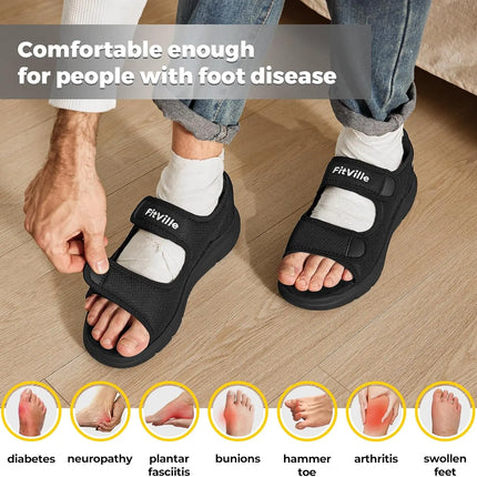 FitVille Men's Adjustable Wide Width Diabetic Sandals, Orthopedic Comfort Sandals with Arch Support for Swollen Feet & Foot Neuropathy