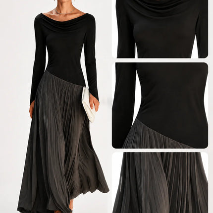 Women Draped Cowl Neck Long Sleeve Maxi Dress Asymmetrical Spliced Pleated Flowy Long Dress Elegant Cocktail Wedding Guest Formal Party Evening Dresses