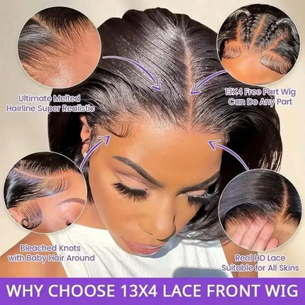 16 Inch Short Straight Bob Human Hair Wig Bone Straight 13X4 HD Invisible Transparent Lace Front Wigs Silky Straight Real Human Hair Pre Cut Pre Plucked With Baby Hair 250% Density Put On And Go Bob Wigs For Women Beginner Fr