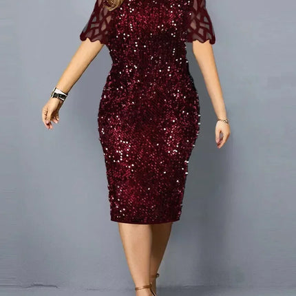 New Party Dress Plus Size Ladies Midi Sequin Mesh Long Sleeve Lace Elegant Bodycon XL-4XL 5XL Evening Dresses Woman Summer 2023