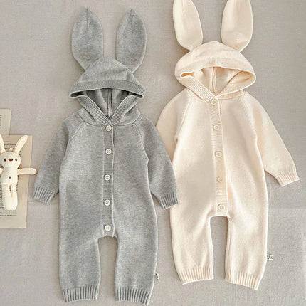 2024 New Autumn Winter Toddler Baby Boys Girl Knitted Romper Long Sleeved Solid Color Hooded Infant  Baby Knitted Jumpsuit