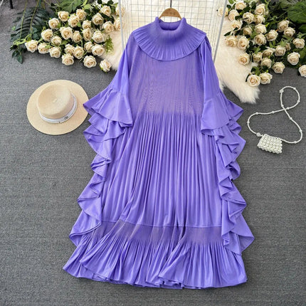 ANLAN 2024 Spring New Pleated Dress Fashion Lapel Ruffle Sleeves Solid Color Loose Dresses Elegant women's clothing 7AK30392