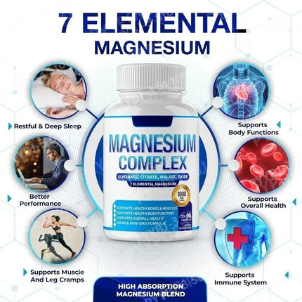 90 Pieces Magnesium Complex Capsule Contain 7 Ingredient – Glycinate Citrate and  Malate Etc 1000mg Health Nutrition Support