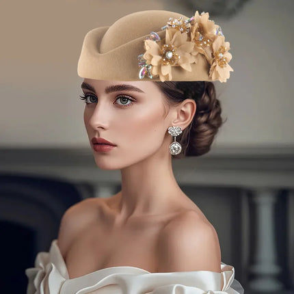 Vintage British Style Felt Turban Hat for Women, Floral Church Derby Headscarf & Soft Beret Headpiece