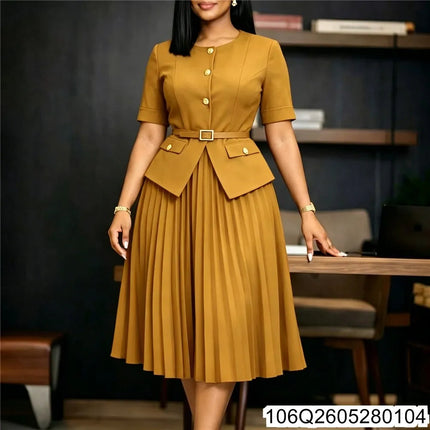 2026 New Women's African Summer New Round Neck Patchwork Pleated Fake Two-piece Solid Color Plus-size Dress 106Q26052801