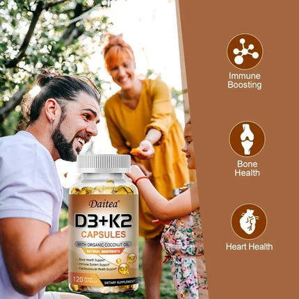 Vegan Vitamin D3 K2 Capsules - Organic Coconut Oil - Daily Supplement for a Healthy Immune System & Bones Gluten & Soy Free