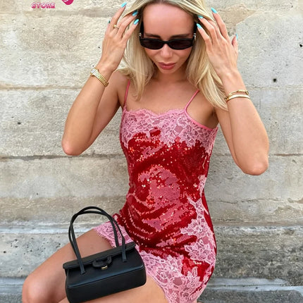 Sexy Sequin Lace Trim Patchwork Short Dress Women V Neck Sleeveless High Waist Mini Sling Dresses 2026 Summer Vacation Lady Robe