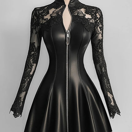 Women’s Elegant PU Leather Dress Black Lace Patchwork Mesh Long Sleeve Zipper Up Bodycon Dress A-Line Party Sexy Mini Dresses