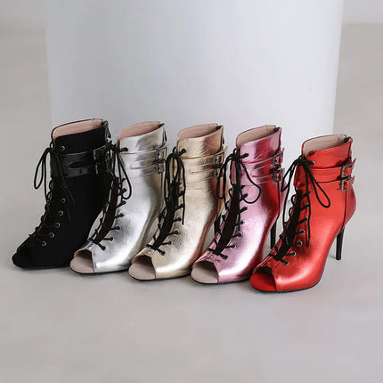 Fashion Red Shiny Party Dance Shoes Ladies Sexy Heels Stilettos Cool Boots High Quality Indoor Ballroom Jazz Dance Sandals Women