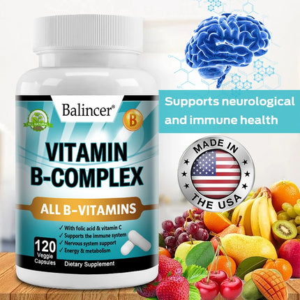 Vitamin B Complex Capsules with Vitamin C & Folic Acid, Antioxidant, Daily Energy Metabolism & Body Immune Wellness Support