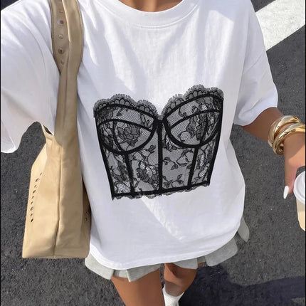 Lace Corset Print Oversized T Shirt Women Y2K Harajuku Casual Loose Short Sleeve Graphic Tee Summer Streetwear Tops