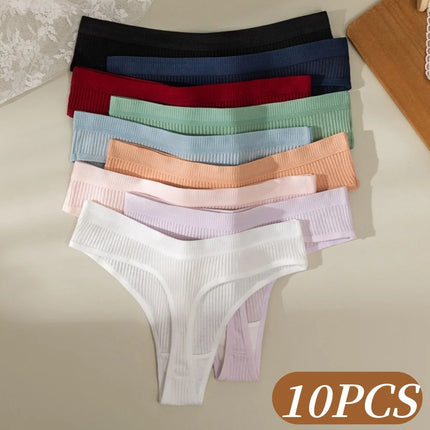 10Pcs/Set Cotton Underwear Women Low-Waist Thongs Sexy T-Back Stretchy Breathable Sports Panties Soft Sexy Lingerie M-XXL