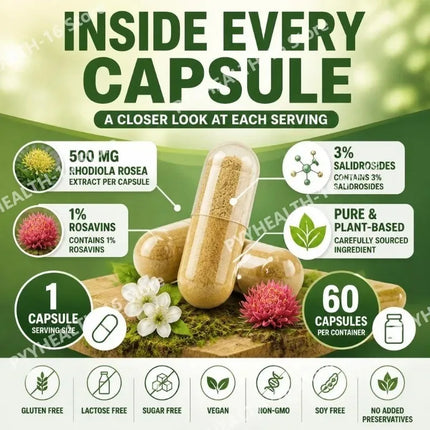 Rhodiola Rosea Capsules for Stress Support, Mental Clarity and Focus, Natural Energy Boost, Immune Function Support 60 Capsules