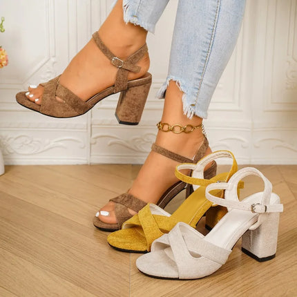 Fashion Simple Style Thick Heel High Heels for Woman Summer New Trendy Cross Strap Solid Color Ankle Strap Women Shoes Tacones