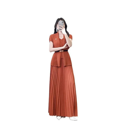 Miyake Pleated 2026 New Summer Pleated Dress Waist-Cinching Loose Pleated Skirt with Metal Decoration Plus Size Women's Clothing