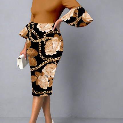 Midi Dress Spring Summer Women Brown Off Shoulder Flare Sleeve Floral Chain Print Bodycon Elegant Office Party Date Dress