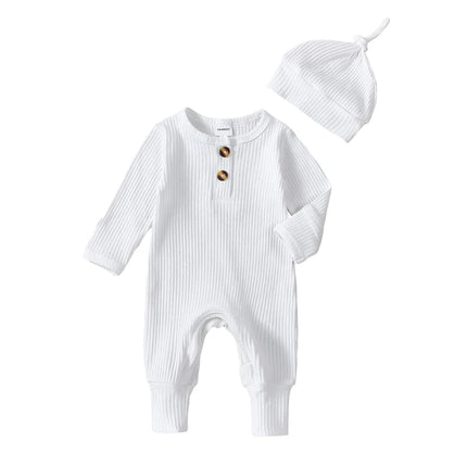 Newborn Baby Boy Clothing Outfits Solid Color Ribbed Long Sleeve Romper Jumpsuit with Hat for Infant Toddler Fall Clothes