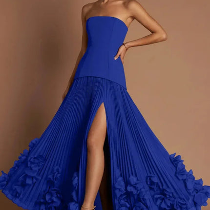 Elegant Banquet Strapless Maxi Dress 3D Floral Pleated Train Hem Waist Tie Solid Gown Luxury Flowy Sleeveless Gala Party Outfit