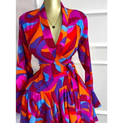 Elegant Women Tie Dye Print Flare Long Sleeve Wrap V-neck with Sashes Ruffle Dress 2026 Elegant Vacation Party Birthday Dresses