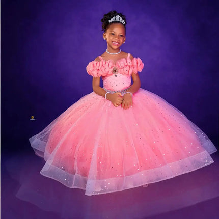 Custom Off Shoulder Ruffle Flower Girl Dress Sparkly Tulle Wedding Pageant Gown For Kids Girls Birthday Party Formal Special