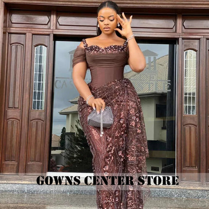 Fabulous Brown Lace Evening Dresses African Traditional Wedding Bride Dress Luxury Beads Lace Birthday Dress Asoebi Costomized
