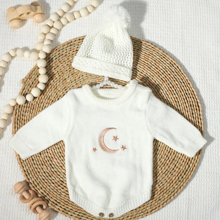 Ylsteed Knitted Newborn Photography Outfits Embroidery Moon Star Romper with Pom Hat  Baby Boy Girl Jumpsuit for Photo Shooting
