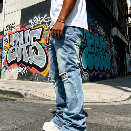 HME Men's Light Blue Denim Pants, Distressed Flared Jeans with Knee Rips & Frayed Hem for Streetwear