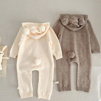 2024 New Autumn Winter Toddler Baby Boys Girl Knitted Romper Long Sleeved Solid Color Hooded Infant  Baby Knitted Jumpsuit