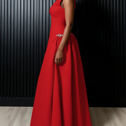 Women High Neck Sleeveless Fitted Floor Length Maxi Dress With Side Flared Detail For Formal Gala Wedding And Evening Party Occasion