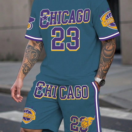 Men's Sports Short Sleeve Top Shorts Set Plus Size Breathable Basketball Sports Clothing Letter Print T-shirt Shorts 2-piece Set