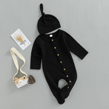 Baby Boys s Girl s Romper Set Round Neck Long Sleeve Button-Down Ribbed Feet Wrap Jumpsuit Hat