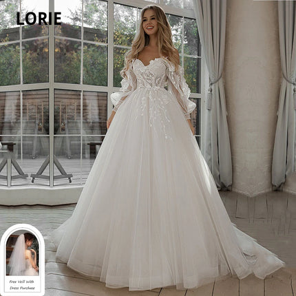 LORIE Glitter Wedding Dresses Puff Sleeve Appliques Lace 3D Flower off Shoulder Tulle Boho Bride Gown Customized vestidosdenovia