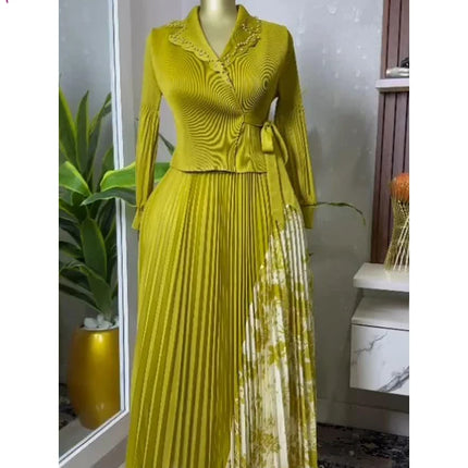 EGRM 2025 Spring New Pleated A-line Dress elegant Suit Collar Mid To Long Style Waist Cinching Slimming Women Folds Skirt 6G5972