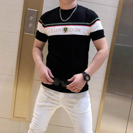 British Style Summer Men's Casual T-shirt Fashion Short Sleeve Slim Knitted T-shirt Male Round Neck Business Social Men Clothing