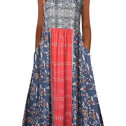 2025 summer new! Women's sleeveless Bohemian floral casual beach MIDI sundress with pockets flowing and loose