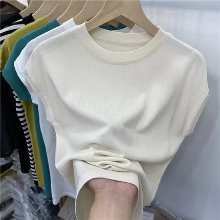 Women's T-shirt Summer O Neck Knitted Fashion Woman Blouse 2026 Short Sleeve Tees Solid Color Ice Silk Oversized T-shirt Women