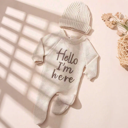Ylsteed “Hello I'm Here‘ Knitting Newborn Photography Romper with Hat Baby Boy Girl Sweater Photo Shooting Coming Home Outfit-HD
