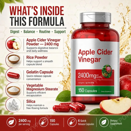 Apple Cider Vinegar Capsules 2400mg Per Serving Daily Wellness Support Non GMO Gluten Free 150 Capsules