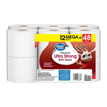 ICUTE-Great Value Ultra Strong 2-Ply Toilet Paper, 12 Mega Rolls, Compare to Charmin Ultra Strong,Fast Delivery