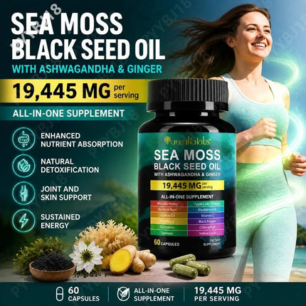 Acentialabs Sea Moss Black Seed Oil Capsules with Ashwagandha Vitamin C and Vitamin D3 Immune Energy & Detox Support 60 Capsules