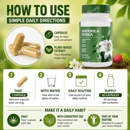 Rhodiola Rosea Capsules for Stress Support, Mental Clarity and Focus, Natural Energy Boost, Immune Function Support 60 Capsules