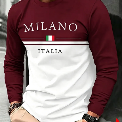 Italia Milano Letter Pattern Print Men T-Shirt Fashion Spring and Autumn Long Sleeve Casual Top Male O-Neck Loose Streetwear Tee