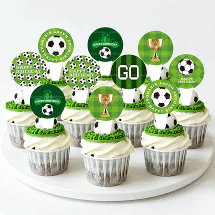 24Pcs Soccer Themed Happy Birthday Cupcake Toppers - Football Trophy Design Cake Decorations for Sports Birthday Party Supplies