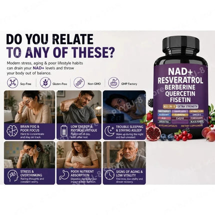 NAD+ Resveratrol Supplement with Berberine Quercetin Fisetin CoQ10 Vitamin C D3, 60 Vegan Capsules for Daily Nutrition Support